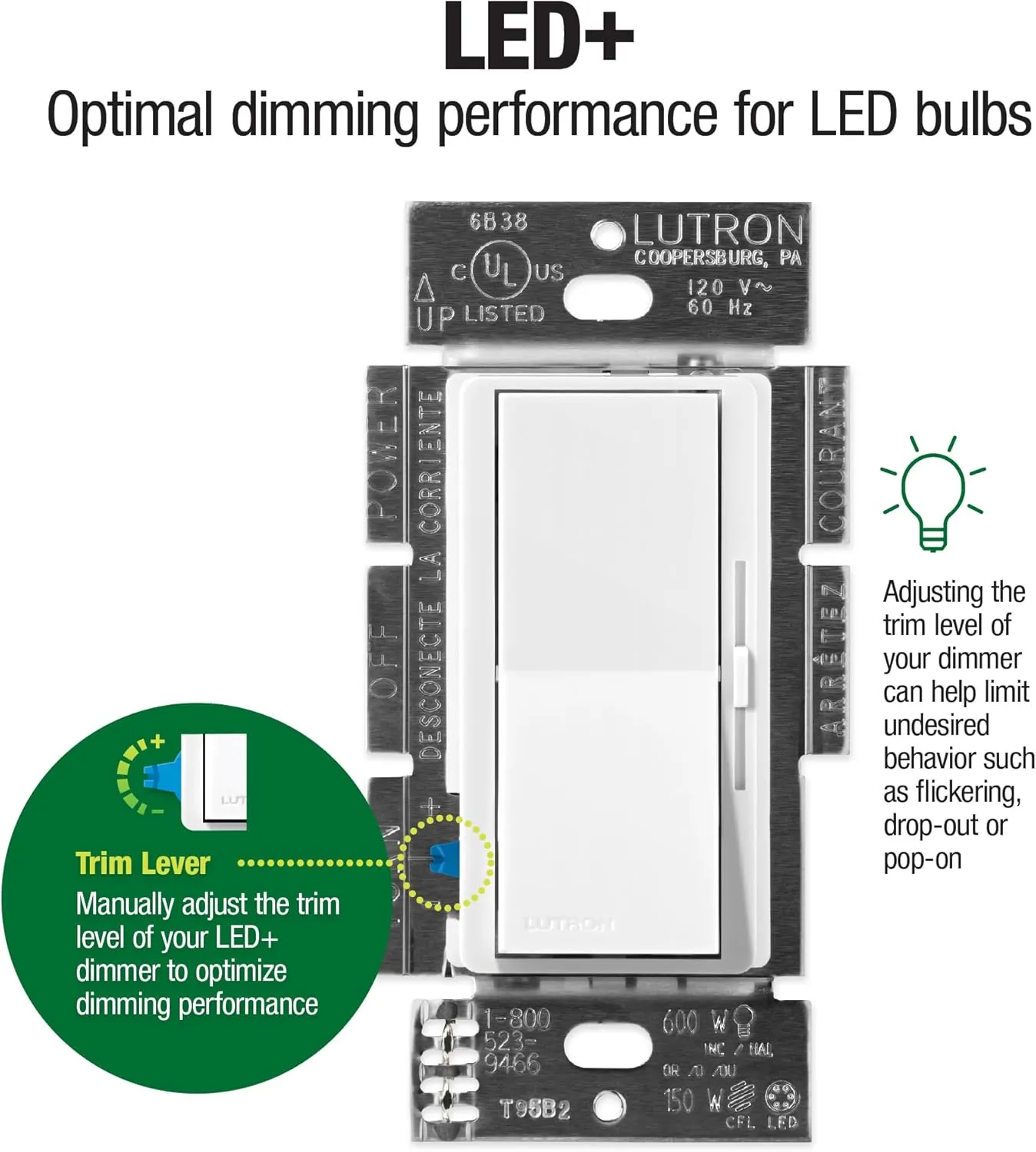 Lutron Diva LED  Dimmer Switch for Dimmable LED, Halogen and Incandescent Bulbs, 150 Watt, Single-Pole or 3-Way, DVCL-153P-GR, Gray