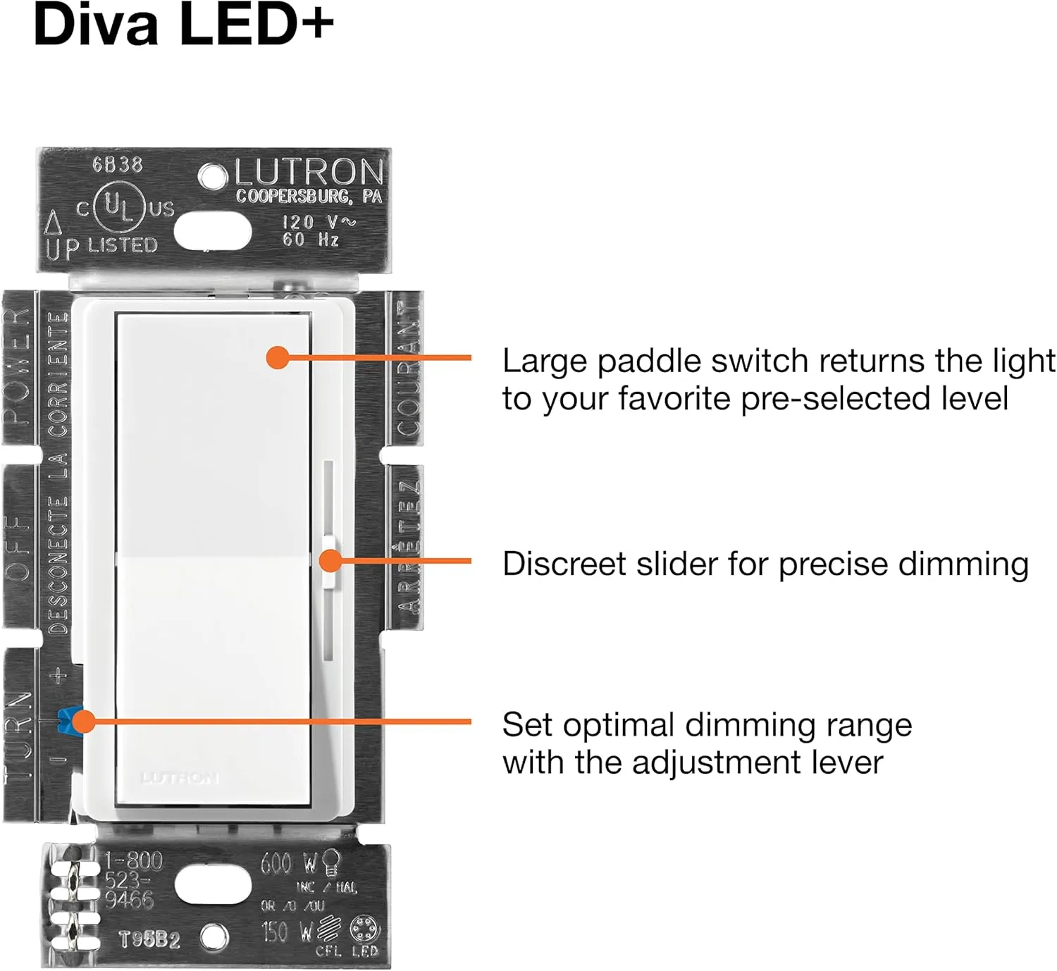 Lutron Diva LED  Dimmer Switch for Dimmable LED, Halogen and Incandescent Bulbs, 150 Watt, Single-Pole or 3-Way, DVCL-153P-LA, Light Almond