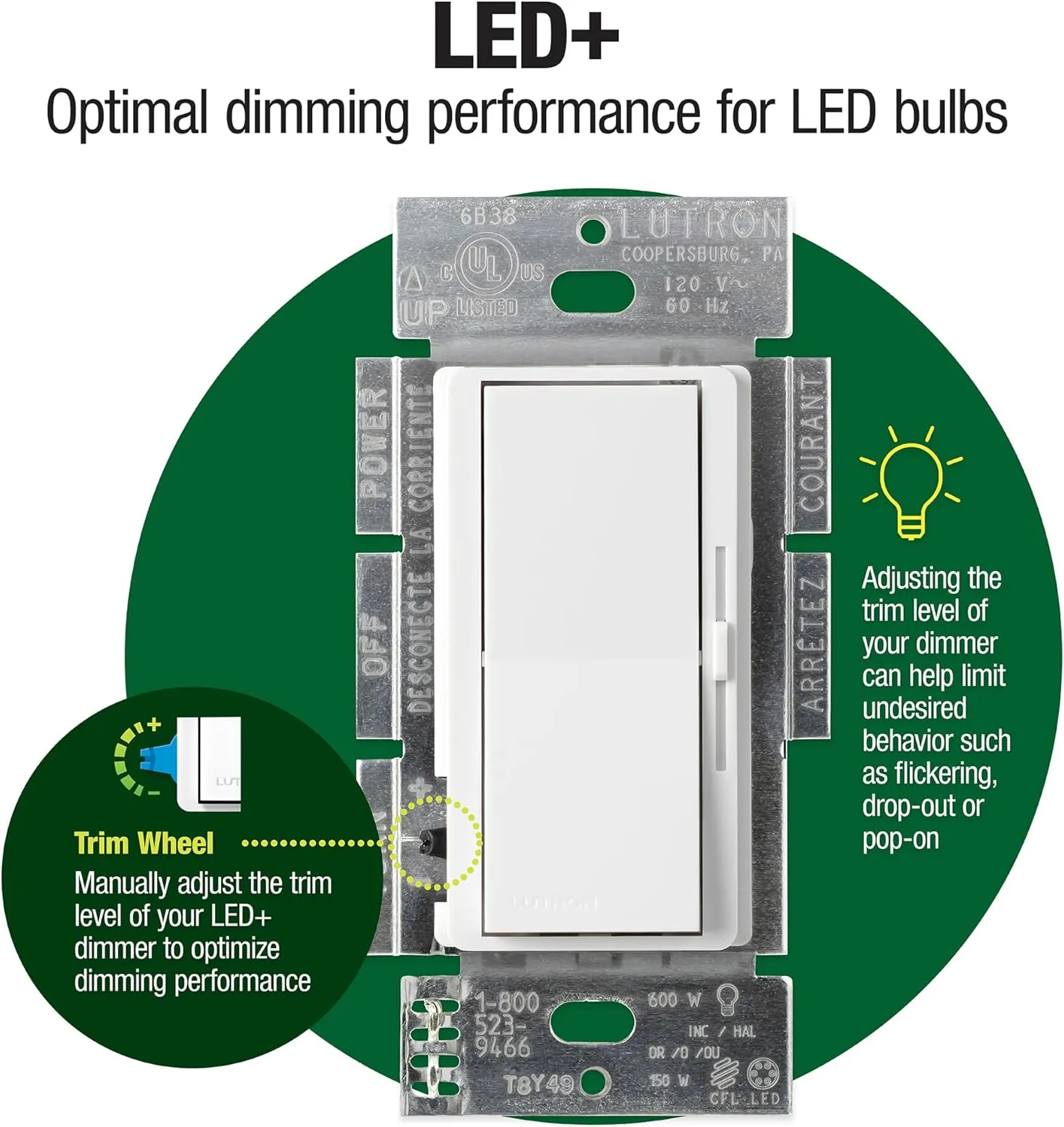 Lutron Diva LED  Dimmer Switch for Dimmable LED, Halogen and Incandescent Bulbs, 150 Watt, Single-Pole or 3-Way, DVCL-153P-LA, Light Almond