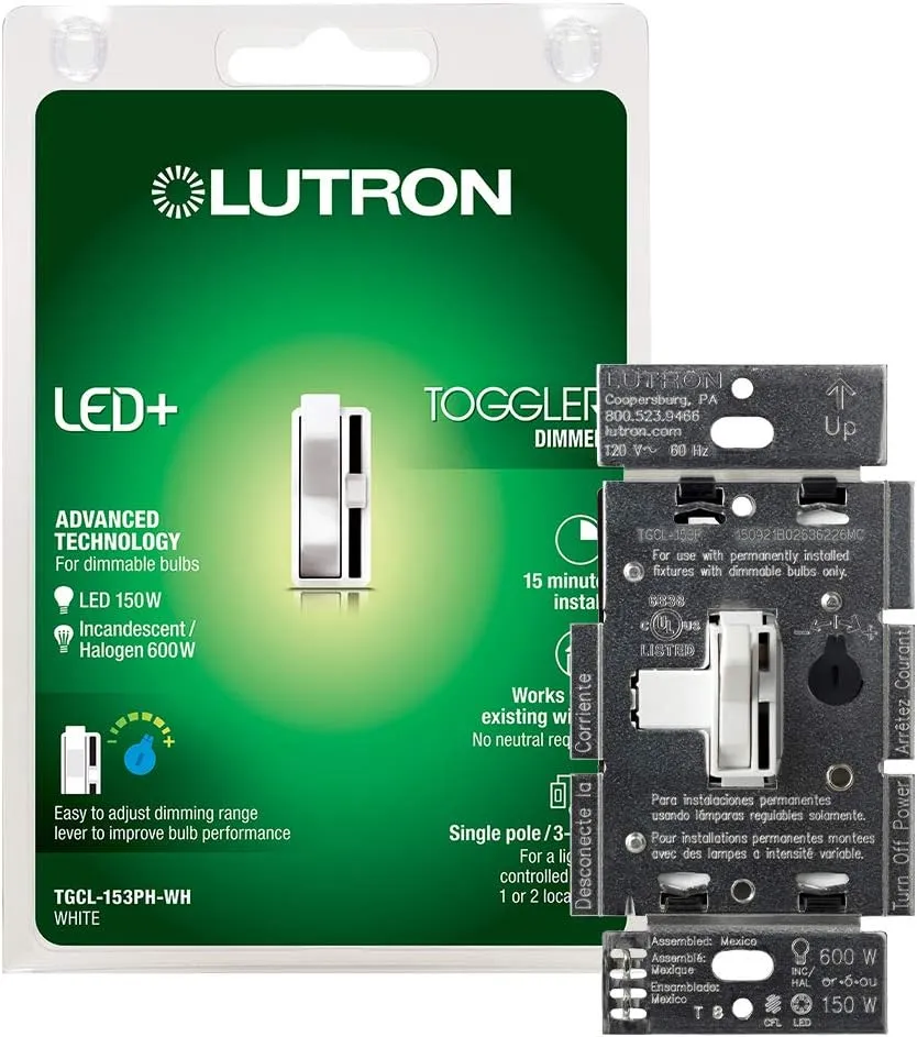 Lutron Toggler LED  Dimmer Switch for Dimmable LED, Halogen and Incandescent Bulbs, 150 Watt, Single-Pole or 3-Way, TGCL-153PH-WH, White