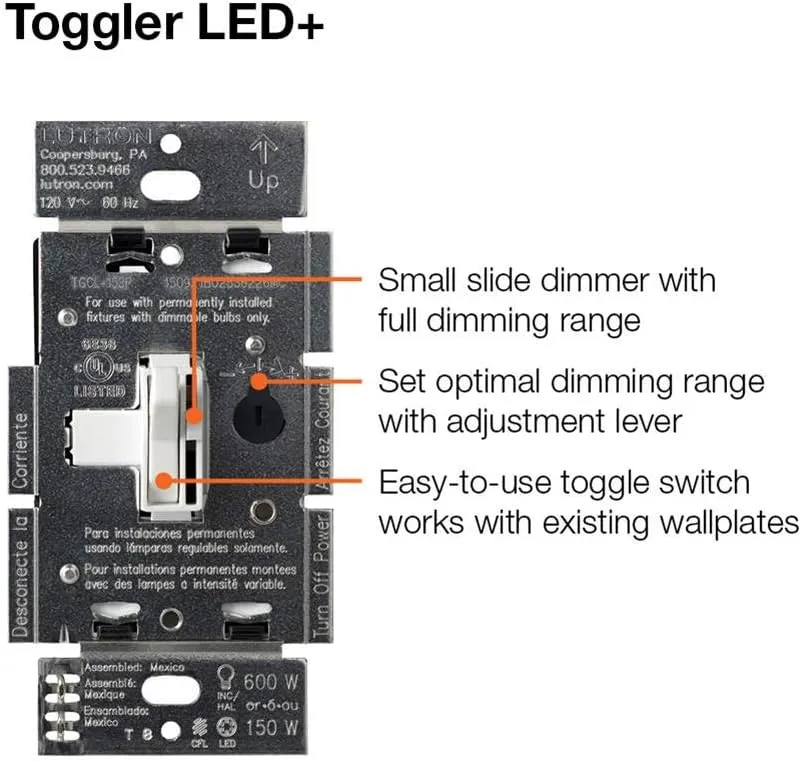 Lutron Toggler LED  Dimmer Switch for Dimmable LED, Halogen and Incandescent Bulbs, 150 Watt, Single-Pole or 3-Way, TGCL-153PH-WH, White