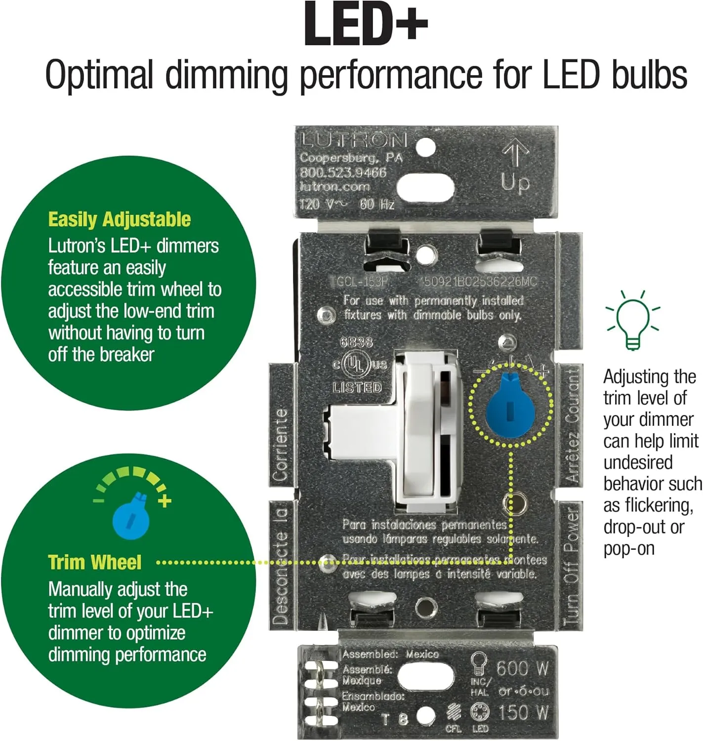 Lutron Toggler LED  Dimmer Switch for Dimmable LED, Halogen and Incandescent Bulbs, 150 Watt, Single-Pole or 3-Way, TGCL-153PH-WH, White