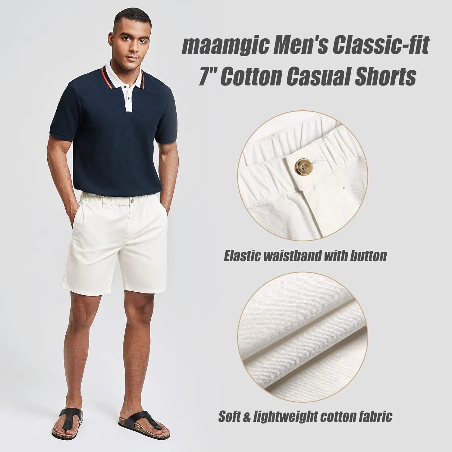 maamgic Men's Classic-fit 7" Cotton Casual Shorts Elastic Waistband with Multi-Pocket Daily Wear Walking Summer Outfit