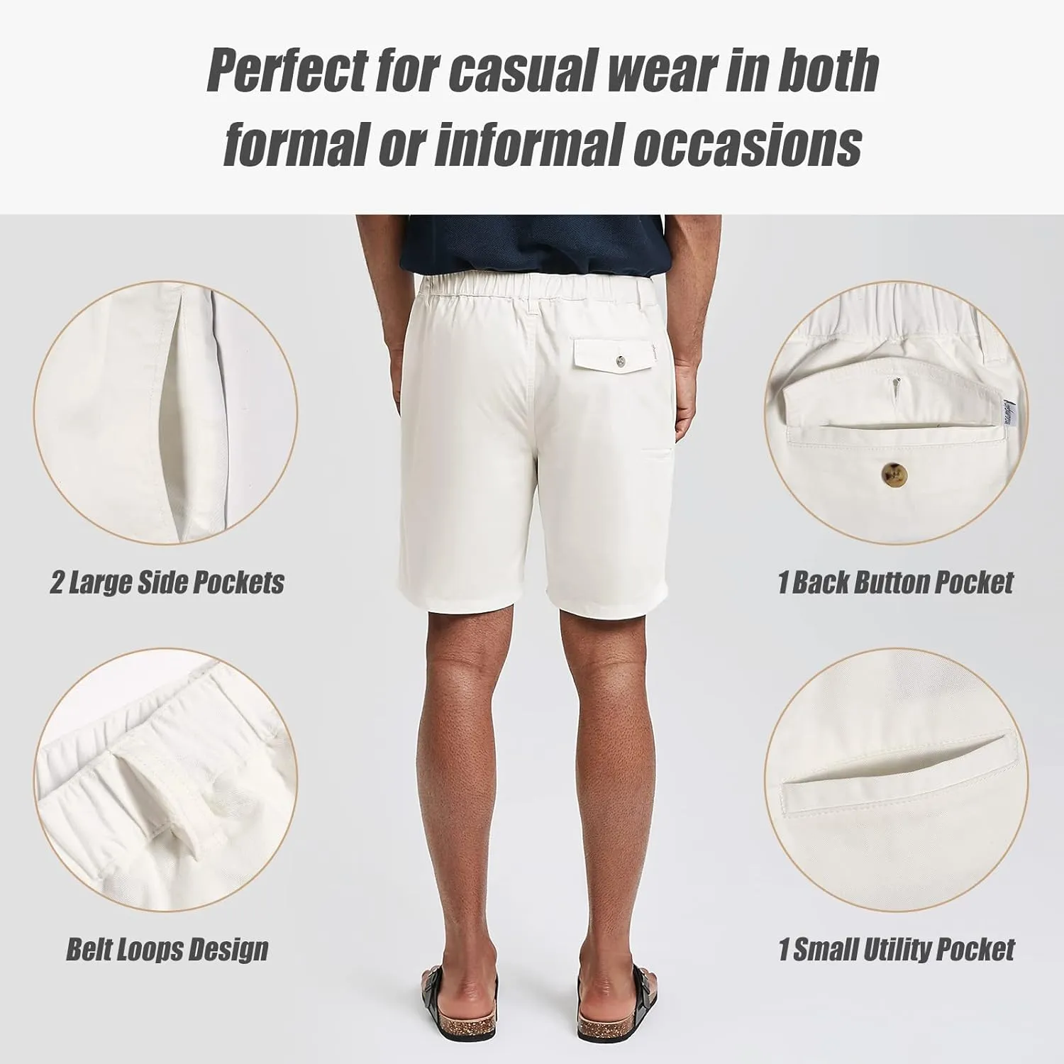 maamgic Men's Classic-fit 7" Cotton Casual Shorts Elastic Waistband with Multi-Pocket Daily Wear Walking Summer Outfit