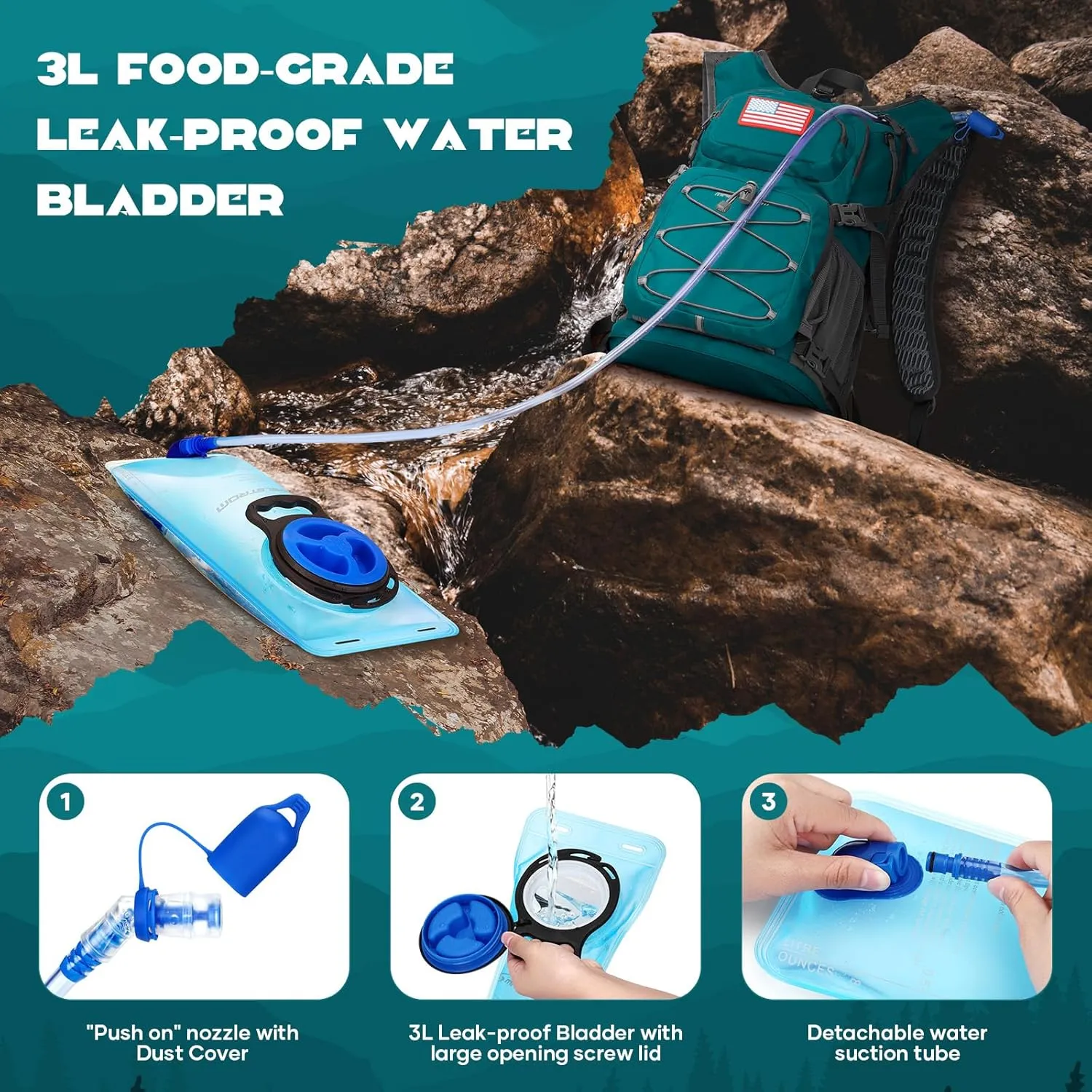 Maelstrom Hydration Backpack, Hiking Backpack with 2L/3L Water Bladder, High Flow Bite Valve Water Backpack Lightweight