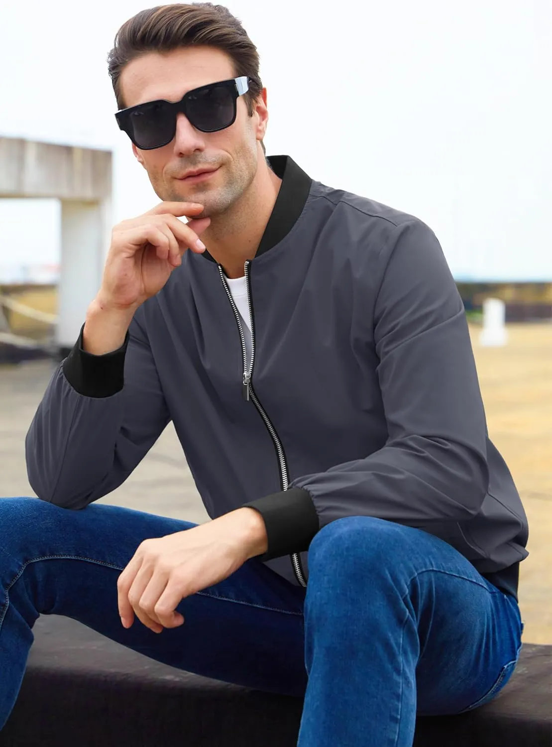 MAGCOMSEN Men's Bomber Jacket Lightweight Casual Zip Up Windbreaker Spring Fall Golf Coat with Pockets