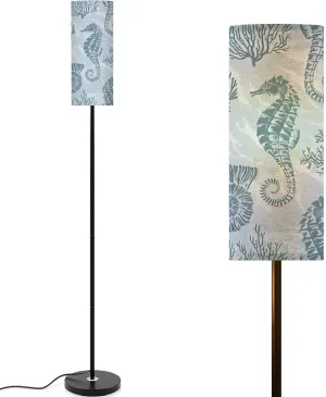 Marine Hand Drawn Pattern sea Shells Stars Seahorse Coral Highly for Modern Floor Lamp Minimalist Standing Lamps for Living Room LED Corner Lamp Remote Control Metal Pole Lamp for Bedroom, Reading