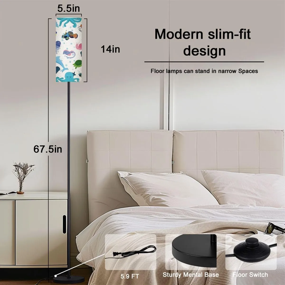 Marine life fish animals bright seamless pattern sea underwater diving Modern Floor Lamp Minimalist Standing Lamps for Living Room LED Corner Lamp Remote Control Metal Pole Lamp for Bedroom, Reading