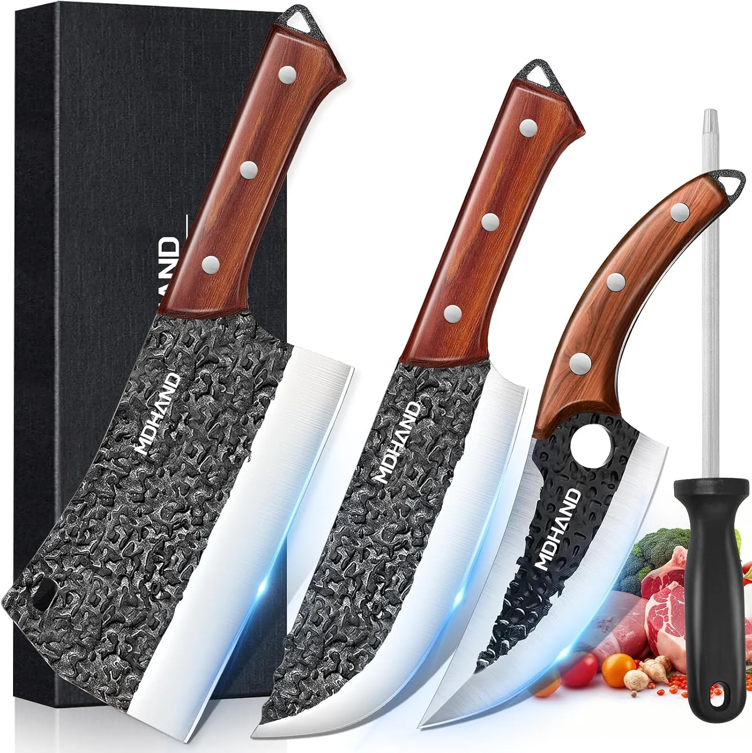 MDHAND 4PCS Butcher Cleaver Knife Set for Meat Cutting, Serbian Chef Knife Set with Gift Box, Hand Forged Meat Cleaver & Viking Knives with Sheaths for Kitchen, Gift for Men, Cooking BBQ, Camping