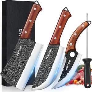 MDHAND 4PCS Butcher Cleaver Knife Set for Meat Cutting, Serbian Chef Knife Set with Gift Box, Hand Forged Meat Cleaver & Viking Knives with Sheaths for Kitchen, Gift for Men, Cooking BBQ, Camping