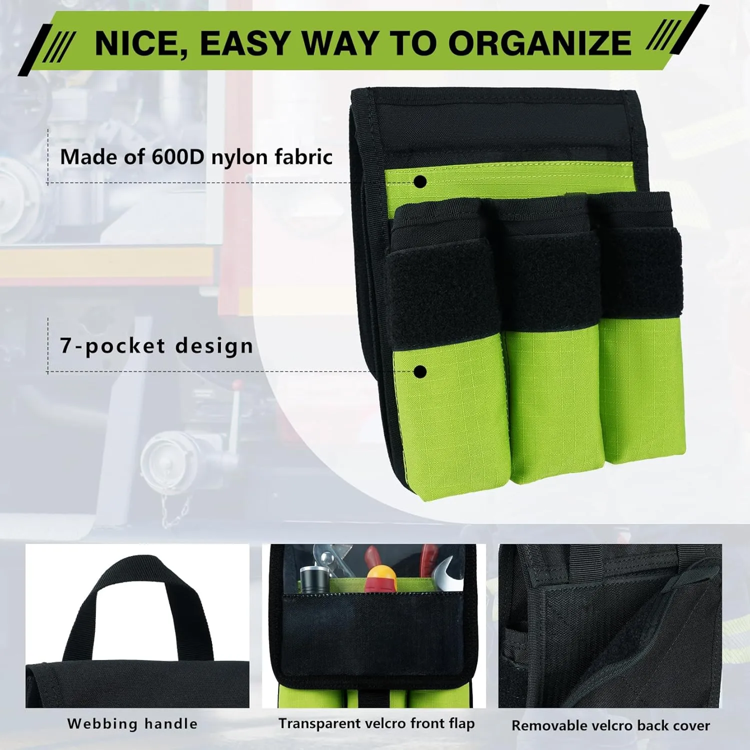 MELOTOUGH 7-Pocket Firefighter Tool Pouch with Carry Handle and Flap, Fits in Bunker Gear Pocket, Tool Organizer