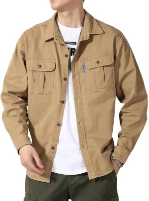 Men's Button Down Work Shirts Relaxed Fit Cotton Multi Pockets Long Sleeves Shirts