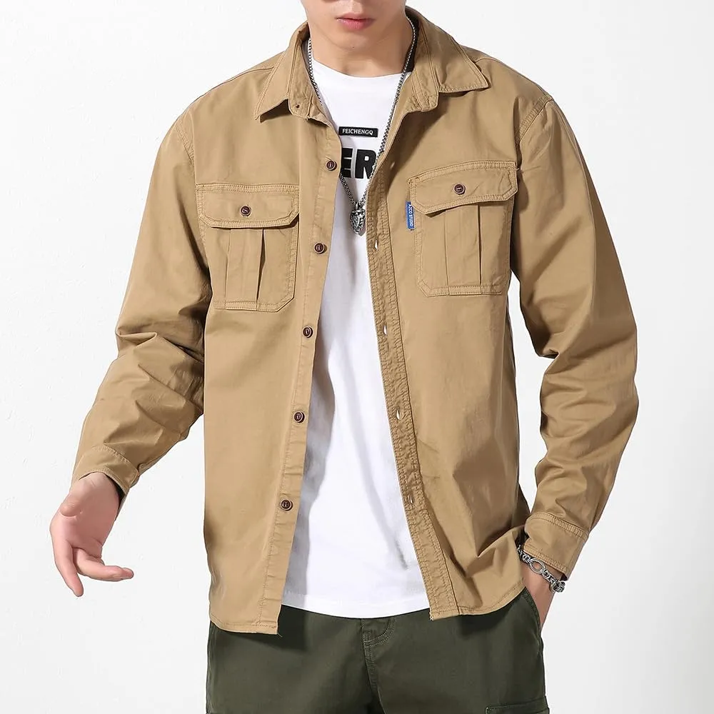 Men's Button Down Work Shirts Relaxed Fit Cotton Multi Pockets Long Sleeves Shirts