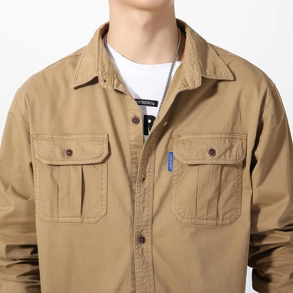 Men's Button Down Work Shirts Relaxed Fit Cotton Multi Pockets Long Sleeves Shirts