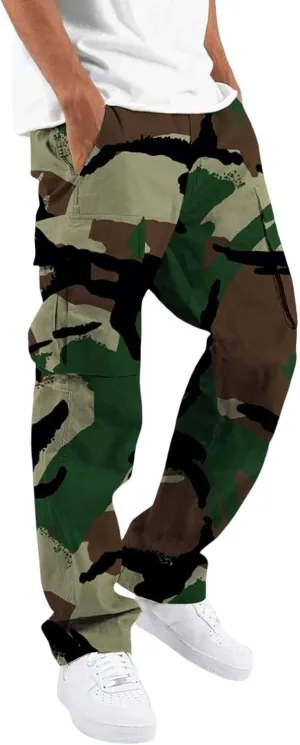 Men's Camo Cargo Pants Summer Training Workout Running Sweatpants Loose Fit Elastic Waist Wide Leg Pants with Pockets