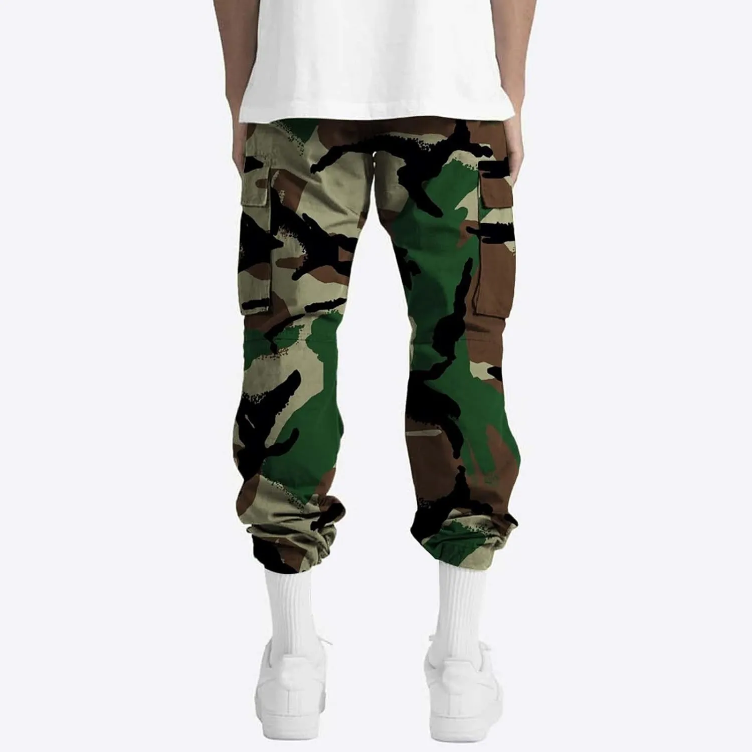 Men's Camo Cargo Pants Summer Training Workout Running Sweatpants Loose Fit Elastic Waist Wide Leg Pants with Pockets