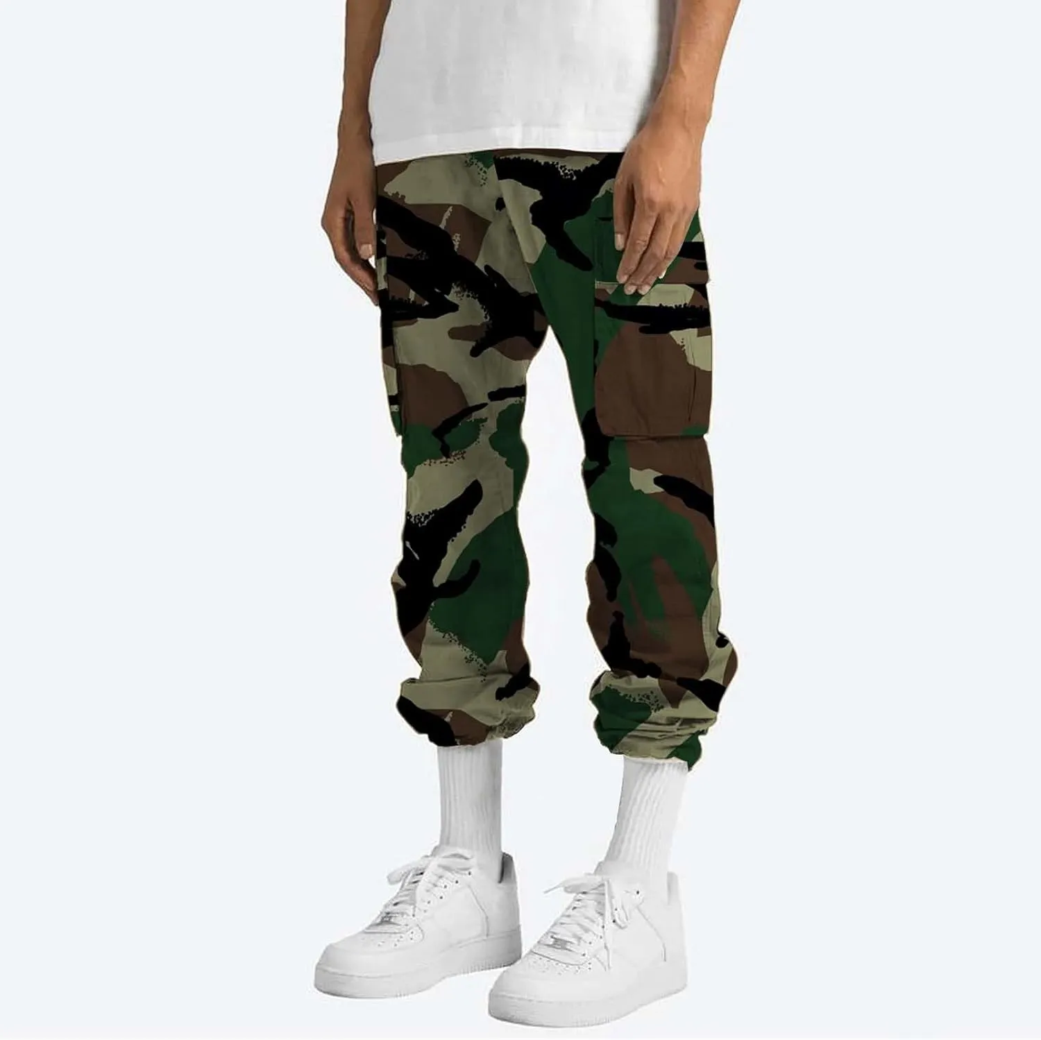 Men's Camo Cargo Pants Summer Training Workout Running Sweatpants Loose Fit Elastic Waist Wide Leg Pants with Pockets