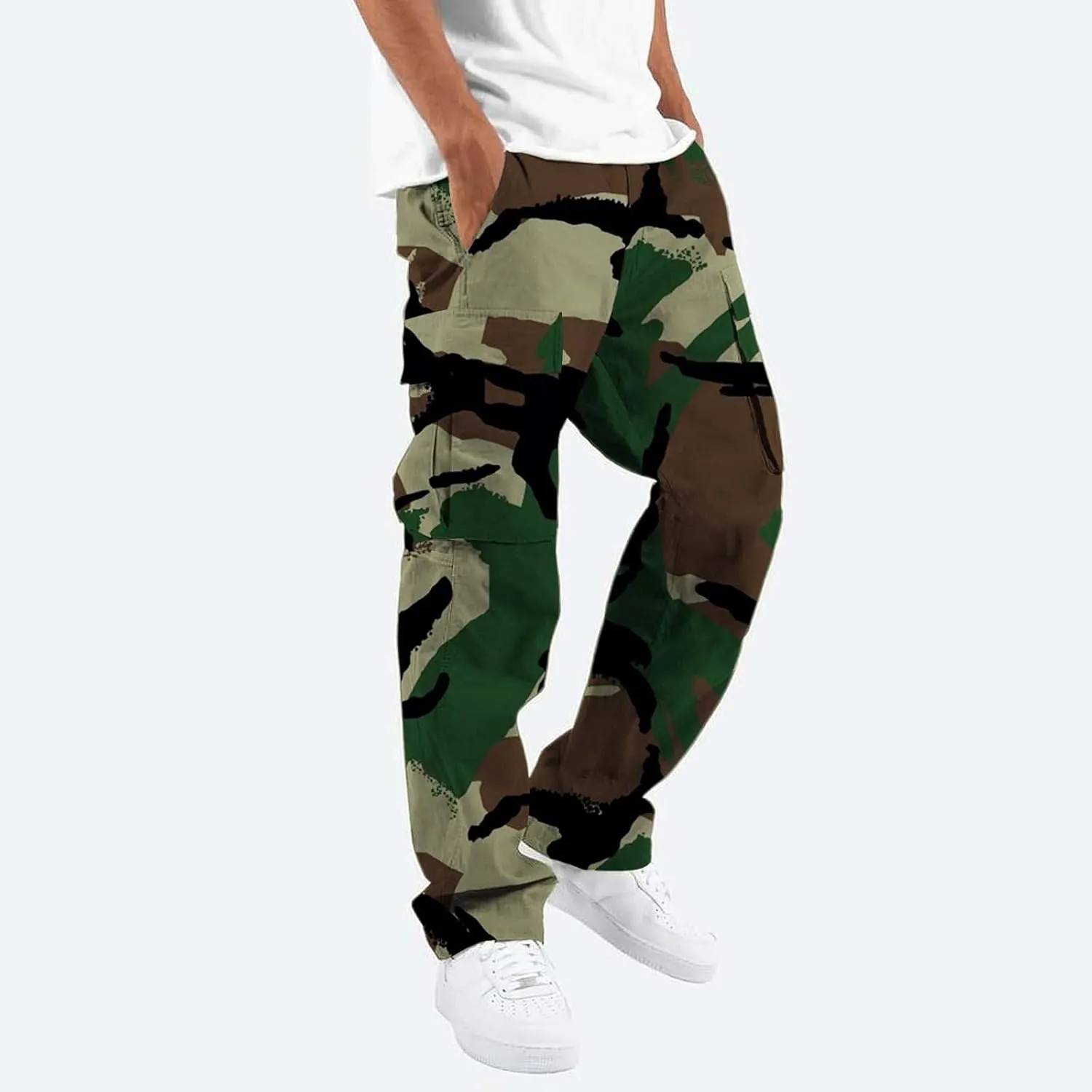 Men's Camo Cargo Pants Summer Training Workout Running Sweatpants Loose Fit Elastic Waist Wide Leg Pants with Pockets