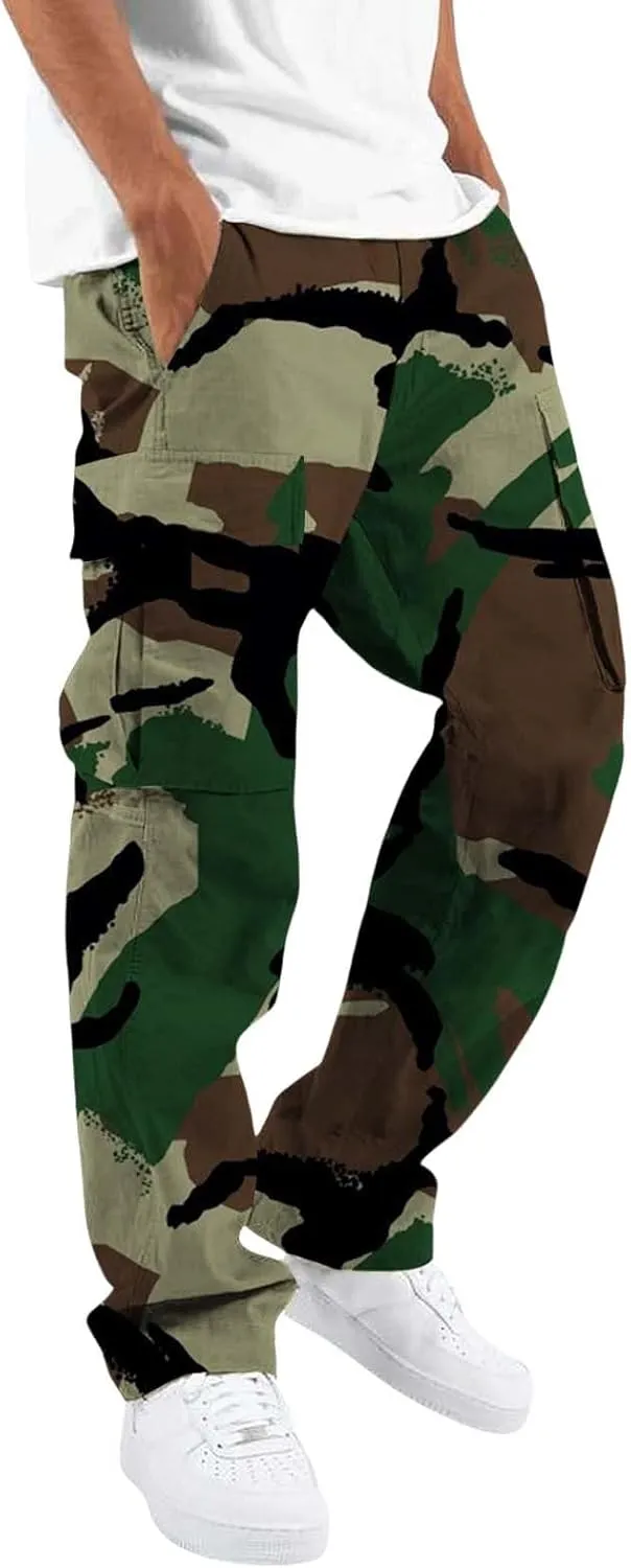 Men's Camo Cargo Pants Summer Training Workout Running Sweatpants Loose Fit Elastic Waist Wide Leg Pants with Pockets