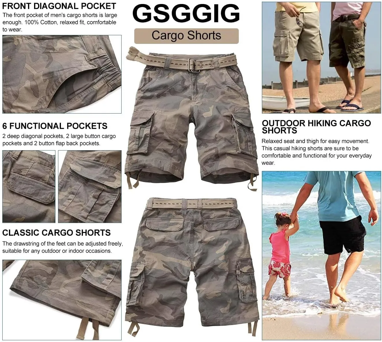 Mens Cargo Shorts Relaxed Fit Camo Casual Shorts Multi-Pocket Work Shorts with Pockets 11" Inseam
