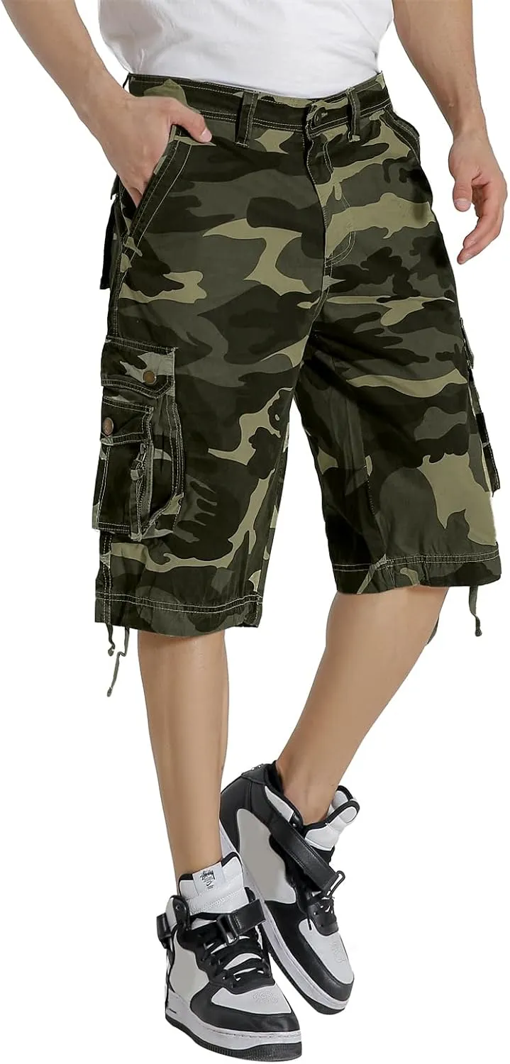 Mens Cargo Shorts Twill Cotton Multi Pocket Relaxed Fit Below Knee Camo Cargo Shorts for Men