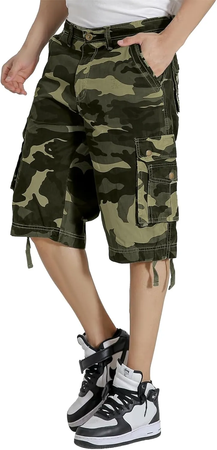 Mens Cargo Shorts Twill Cotton Multi Pocket Relaxed Fit Below Knee Camo Cargo Shorts for Men