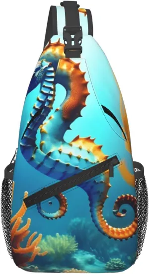 Men's Casual Crossbody Chest Bag for Traveling, Work, and Daily Use with High Storage Capacity and Comfortable Shoulder Strap Seabed coral seahorse Prints