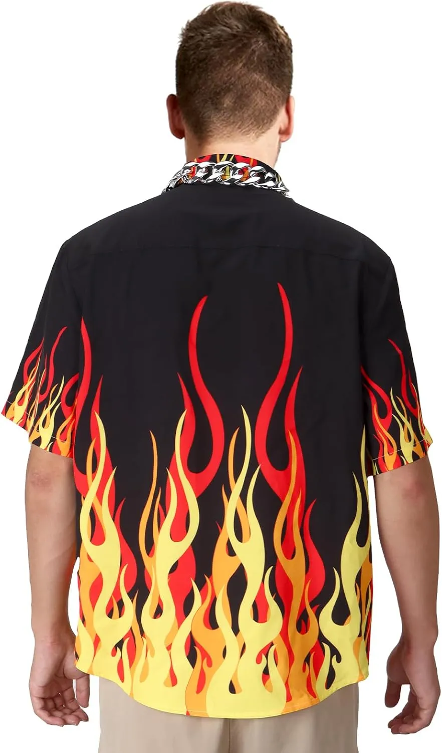 Mens Chief Guy Flame Short Sleeve Shirt with Necklace Glasses Button Down Top Summer Beach Halloween Costume