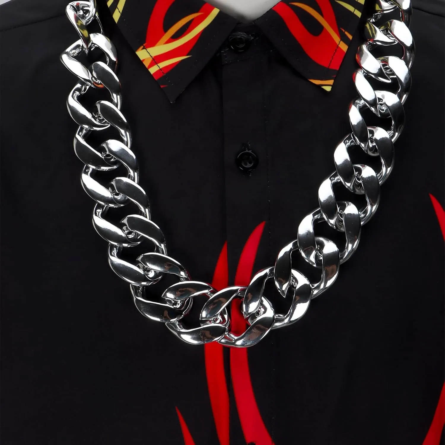 Mens Chief Guy Flame Short Sleeve Shirt with Necklace Glasses Button Down Top Summer Beach Halloween Costume