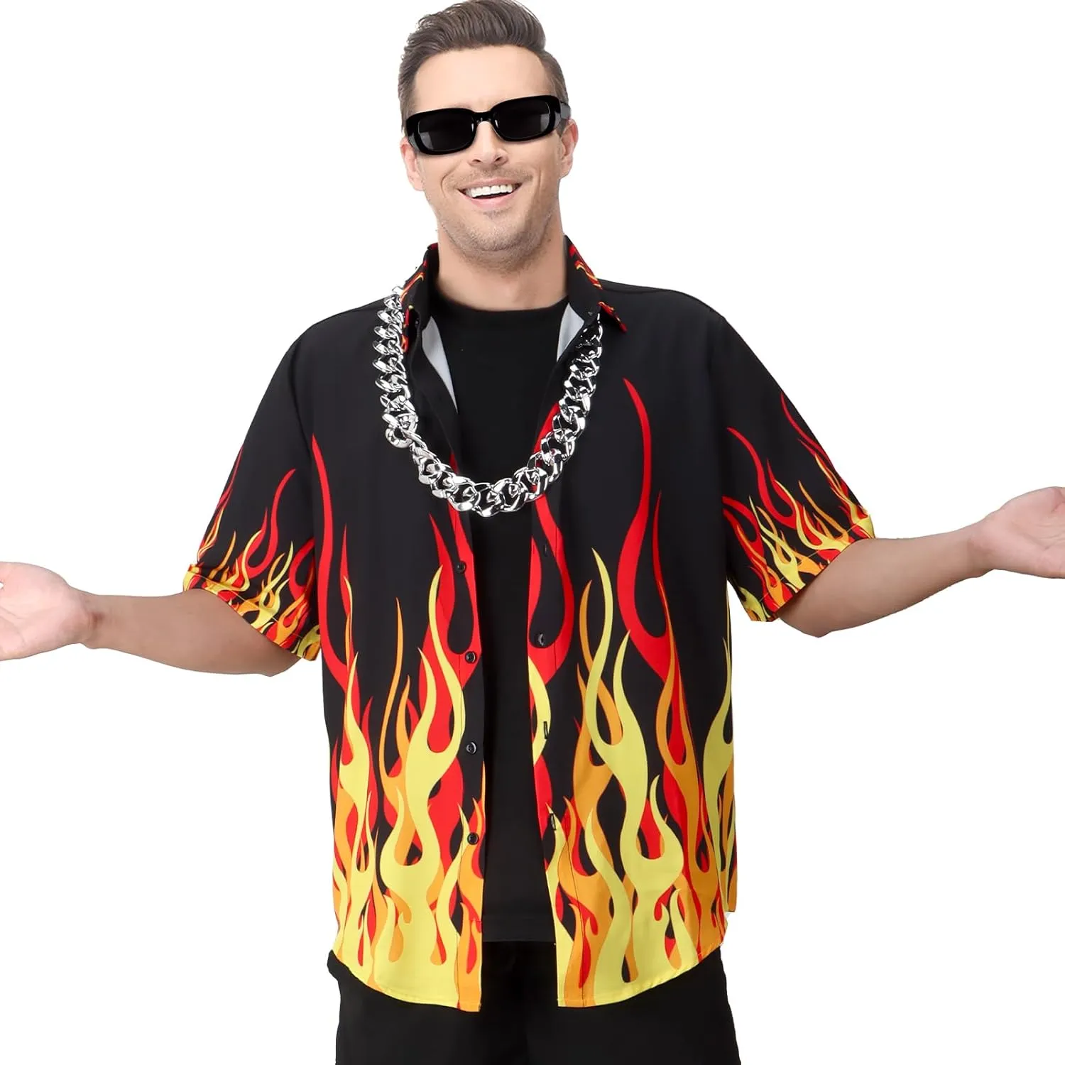 Mens Chief Guy Flame Short Sleeve Shirt with Necklace Glasses Button Down Top Summer Beach Halloween Costume