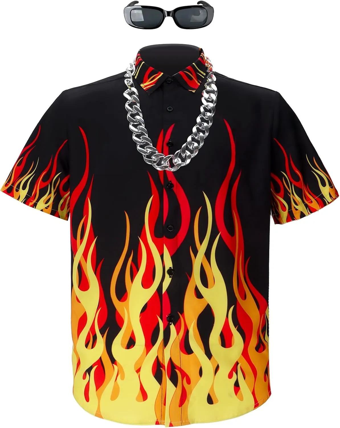 Mens Chief Guy Flame Short Sleeve Shirt with Necklace Glasses Button Down Top Summer Beach Halloween Costume