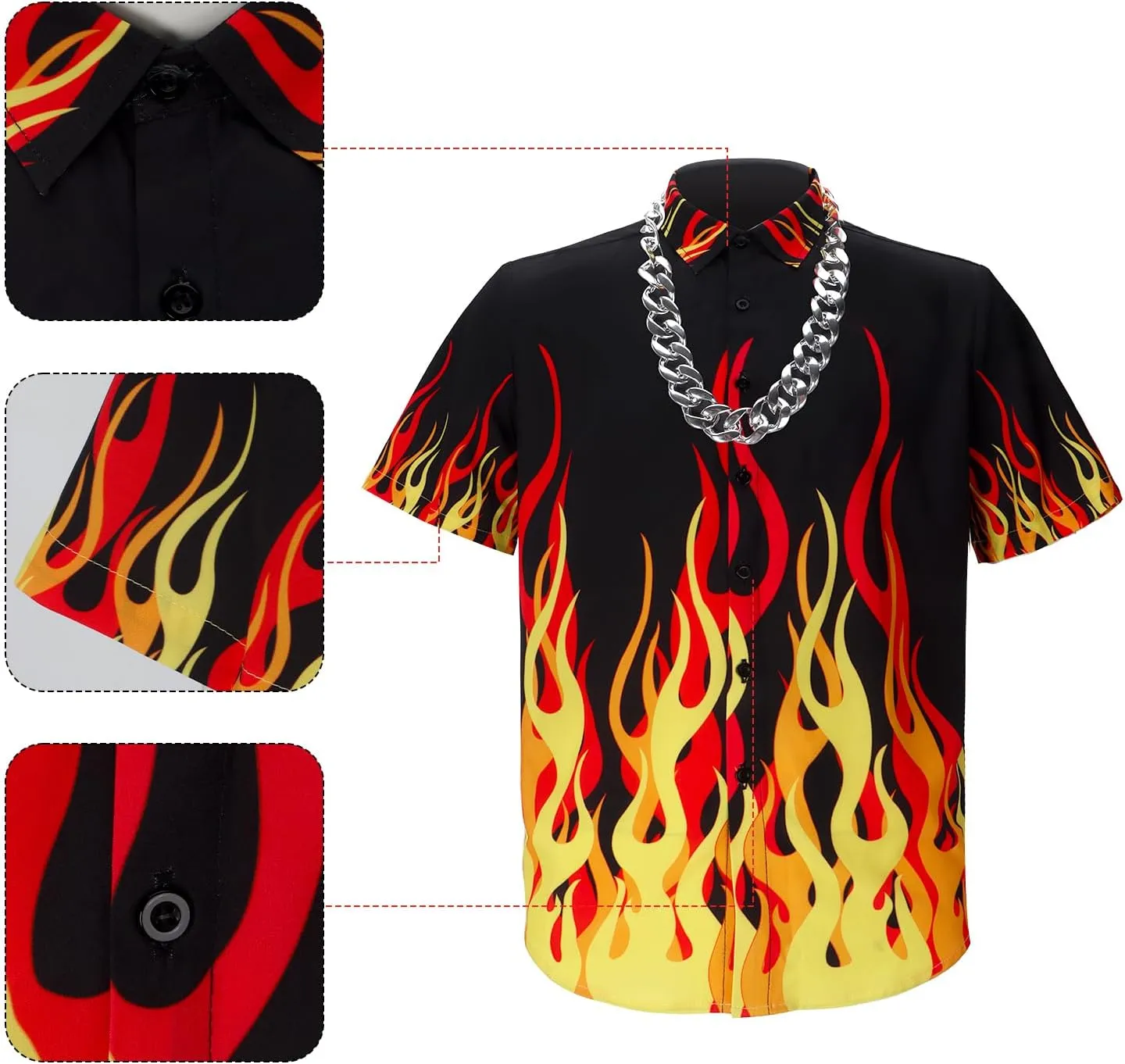 Mens Chief Guy Flame Short Sleeve Shirt with Necklace Glasses Button Down Top Summer Beach Halloween Costume