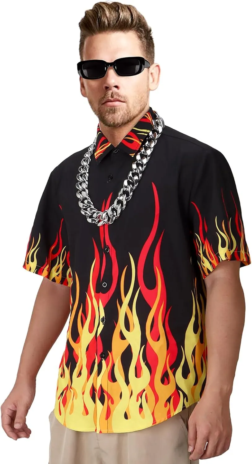Mens Chief Guy Flame Short Sleeve Shirt with Necklace Glasses Button Down Top Summer Beach Halloween Costume