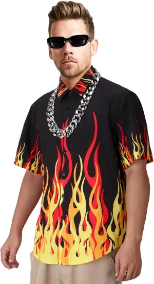 Mens Chief Guy Flame Short Sleeve Shirt with Necklace Glasses Button Down Top Summer Beach Halloween Costume