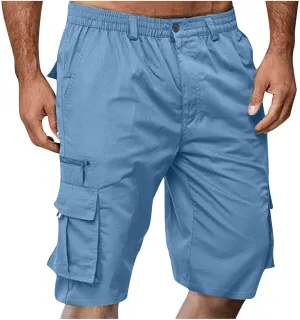 Men's Fashion Button Zipper Cropped Pants Casual Shorts High Elastic Waist Multi-Pocket Straight Leg Comfy Leggings