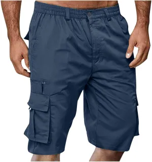 Men's Fashion Button Zipper Cropped Pants Casual Shorts High Elastic Waist Multi-Pocket Straight Leg Comfy Leggings