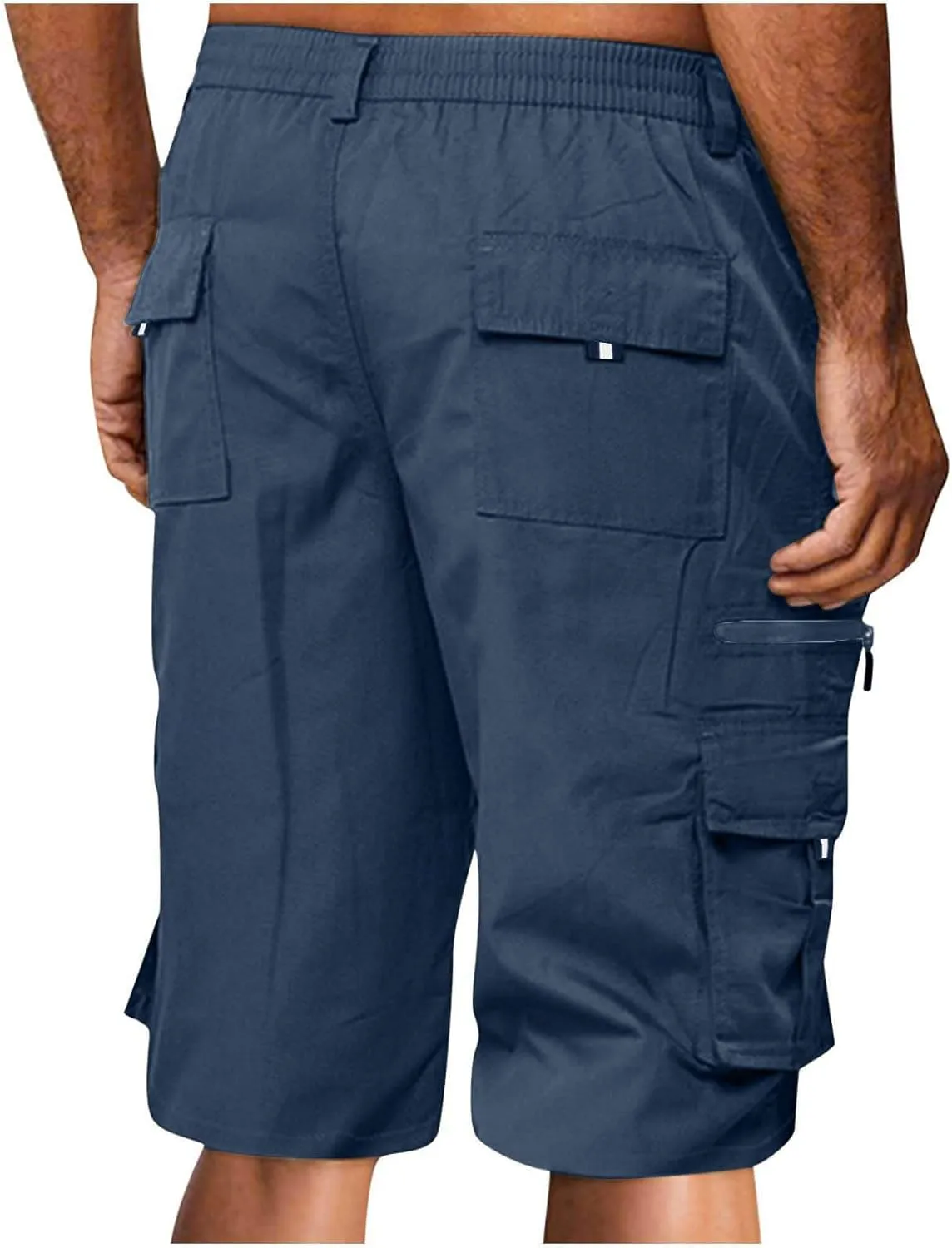 Men's Fashion Button Zipper Cropped Pants Casual Shorts High Elastic Waist Multi-Pocket Straight Leg Comfy Leggings