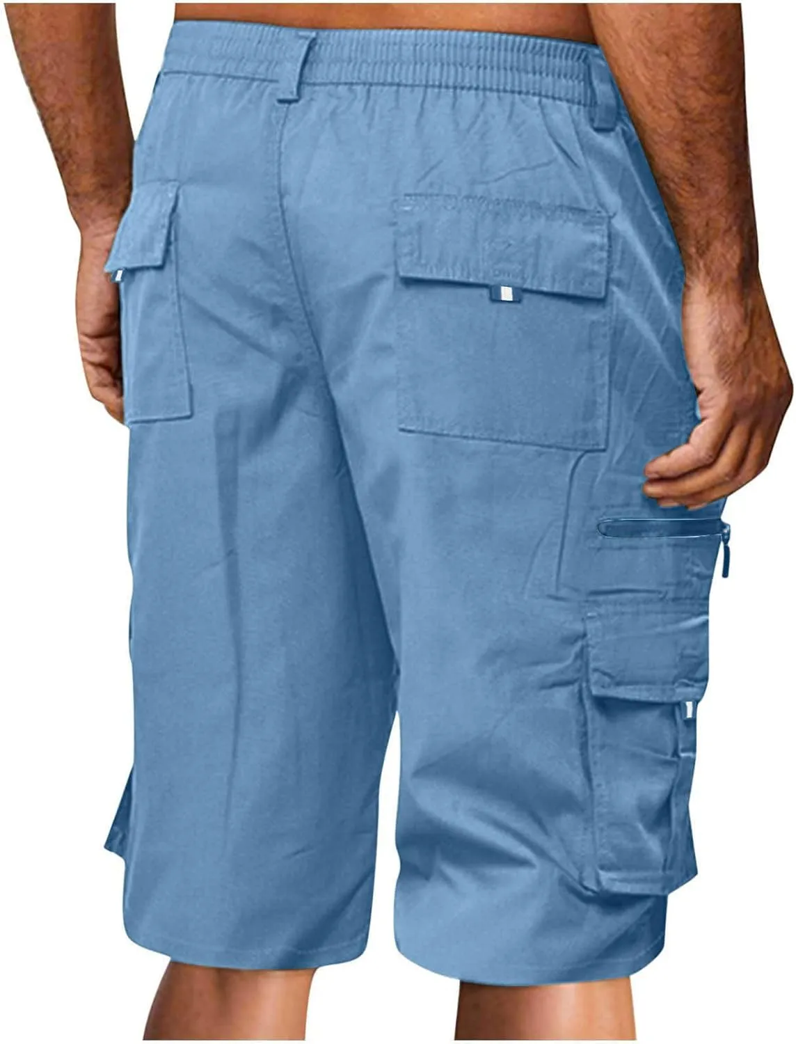 Men's Fashion Button Zipper Cropped Pants Casual Shorts High Elastic Waist Multi-Pocket Straight Leg Comfy Leggings