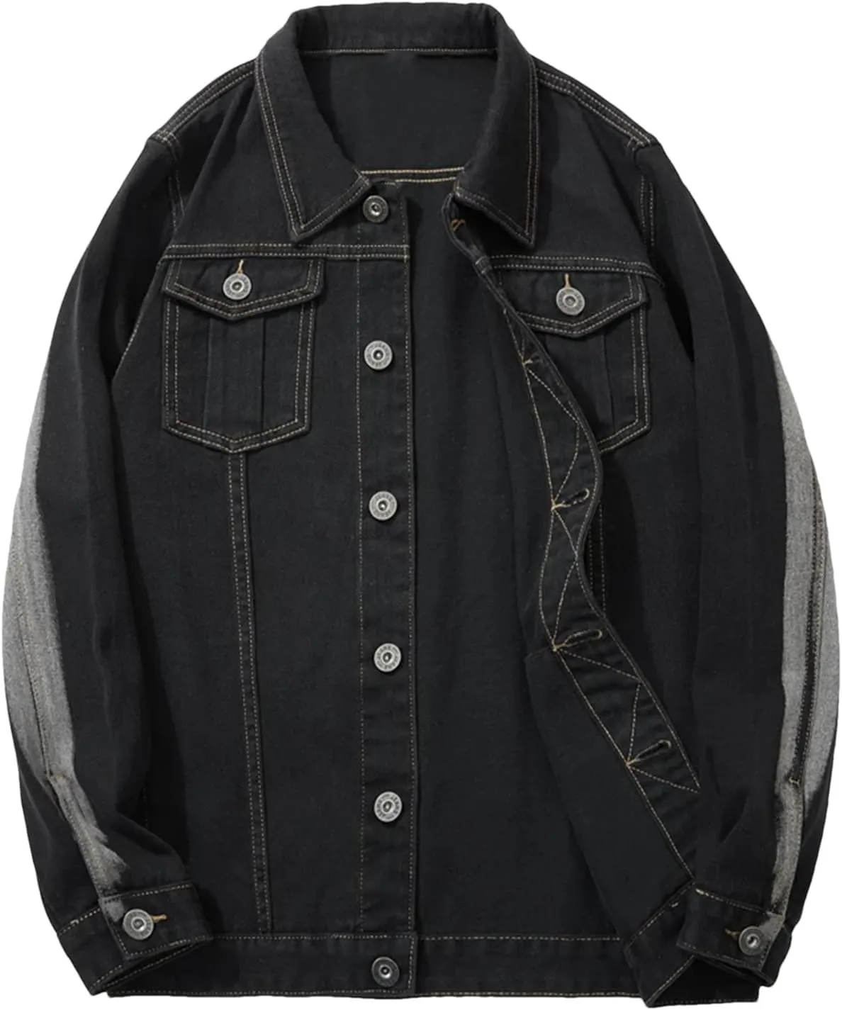 Men's Gradient Color Large Lapel Multi-Pocket Denim Jacket Classic Single-Breasted Aviator Trucker Denim Top