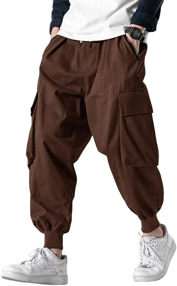 Men's Joggers Pants Casual Baggy Cotton Drawstring Tapered Sweatpants Cargo Hippie Loose Fit Trousers with Multi-Pocket