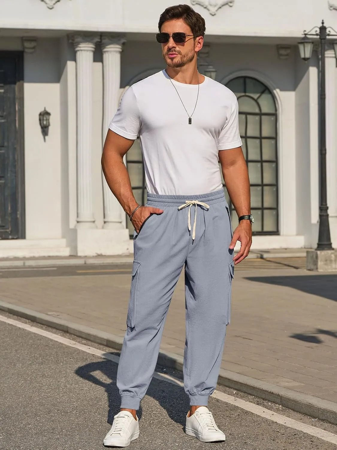 Men's Joggers Pants Casual Baggy Cotton Drawstring Tapered Sweatpants Cargo Hippie Loose Fit Trousers with Multi-Pocket