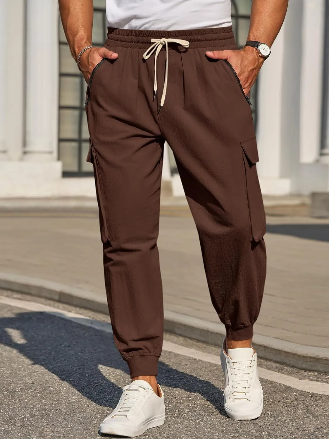 Men's Joggers Pants Casual Baggy Cotton Drawstring Tapered Sweatpants Cargo Hippie Loose Fit Trousers with Multi-Pocket