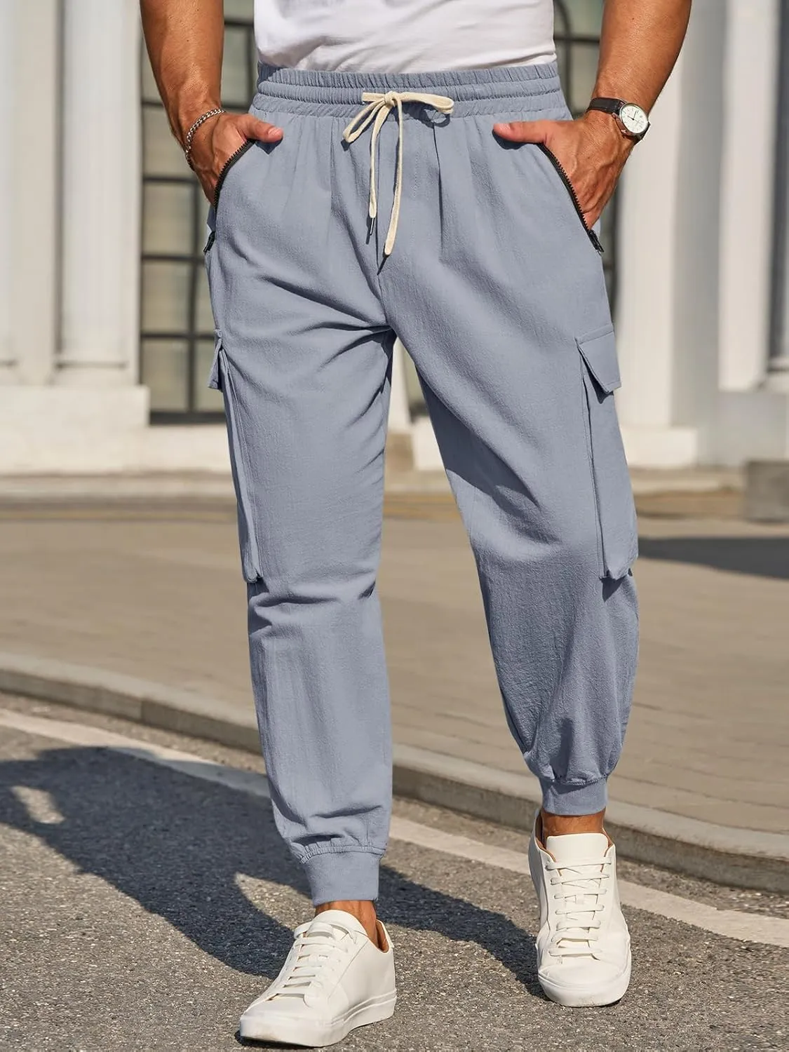 Men's Joggers Pants Casual Baggy Cotton Drawstring Tapered Sweatpants Cargo Hippie Loose Fit Trousers with Multi-Pocket