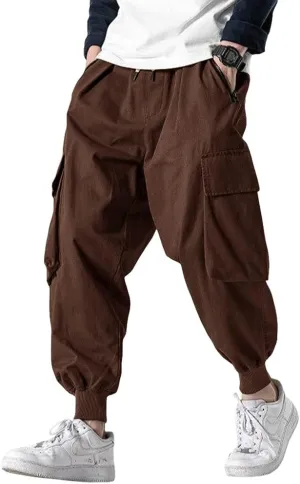 Men's Joggers Pants Casual Baggy Cotton Drawstring Tapered Sweatpants Cargo Hippie Loose Fit Trousers with Multi-Pocket