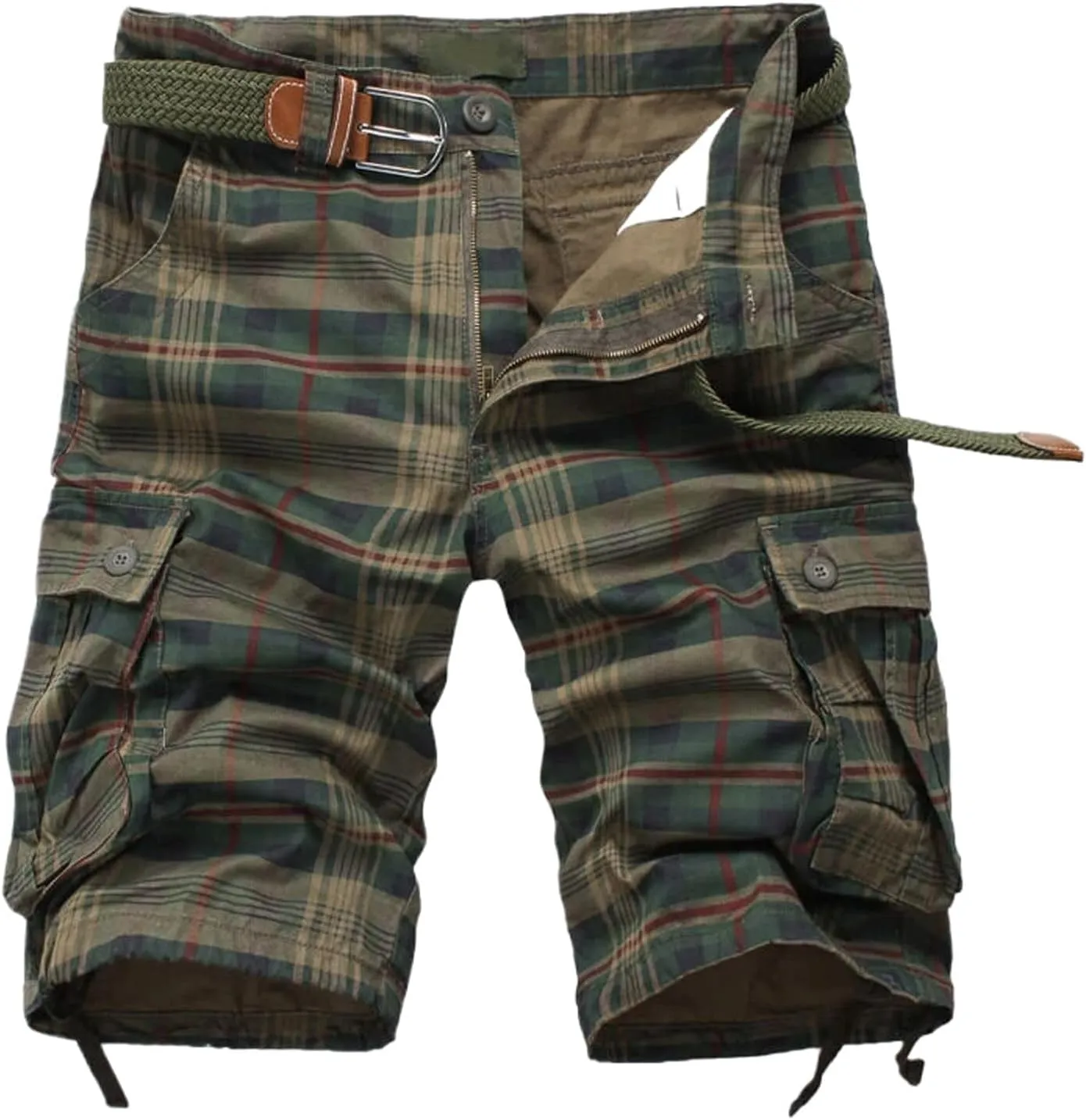 Men's Medium Cargo Shorts Summer Outdoor Sports Beach Pants Trend Plaid Loose Straight Pants