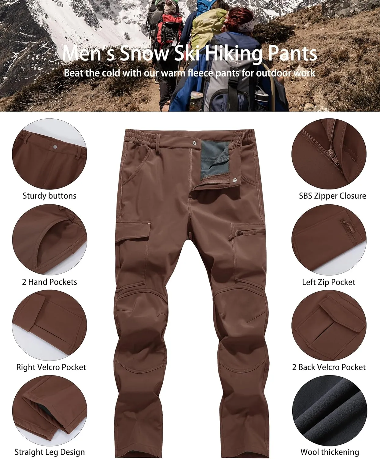Men's Snow Ski Hiking Pants Winter Fleece Lined Softshell Outdoor Waterproof Insulated Cargo Work Pants