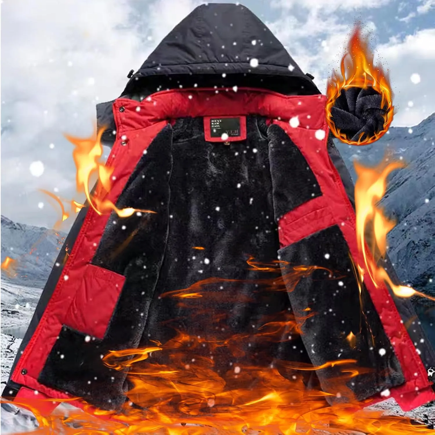 Men's Winter Coats Waterproof Ski Jacket Detachable Hood Windproof Fleece Jacket Parka Raincoats With Multi-Pockets