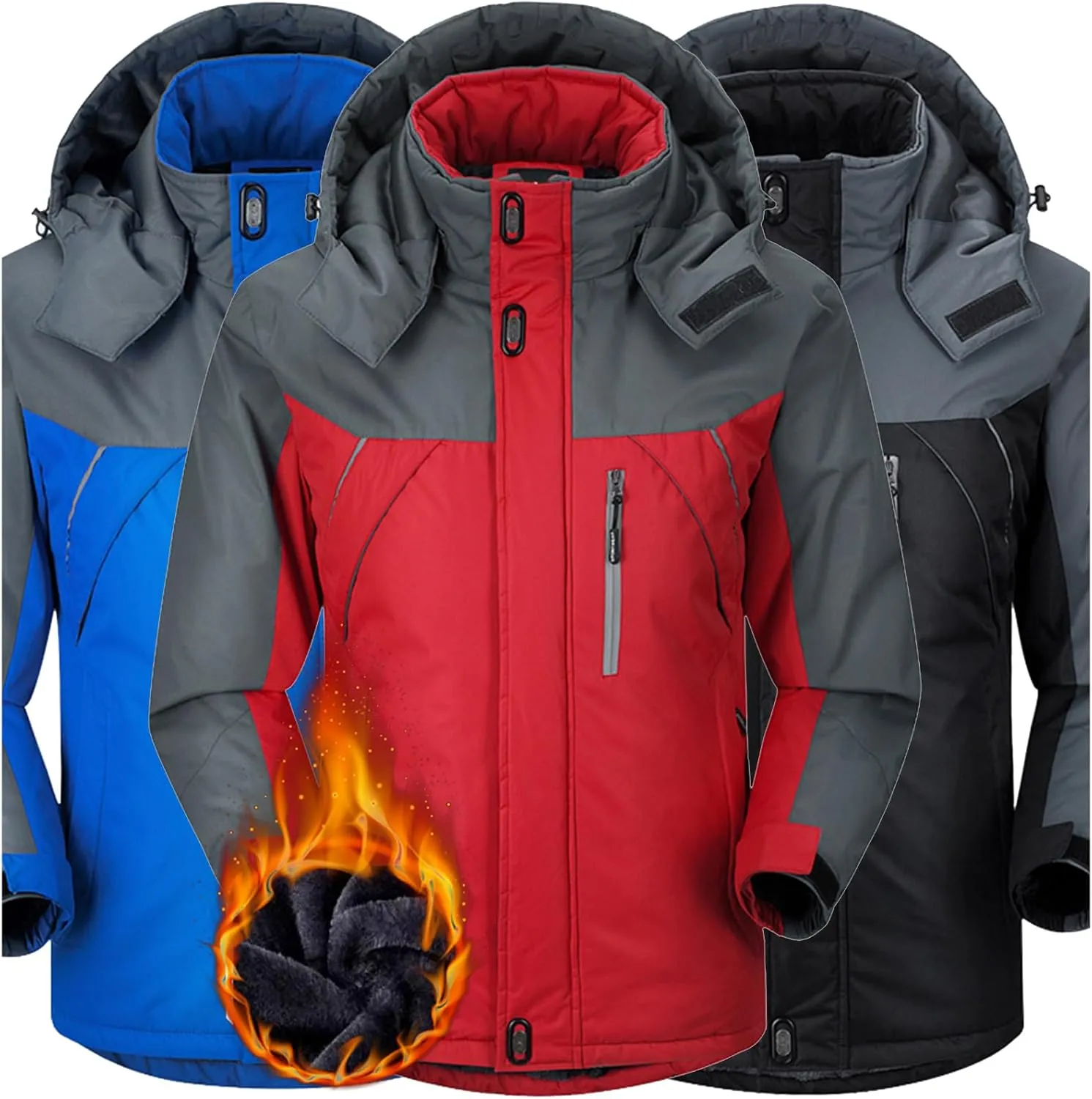 Men's Winter Coats Waterproof Ski Jacket Detachable Hood Windproof Fleece Jacket Parka Raincoats With Multi-Pockets