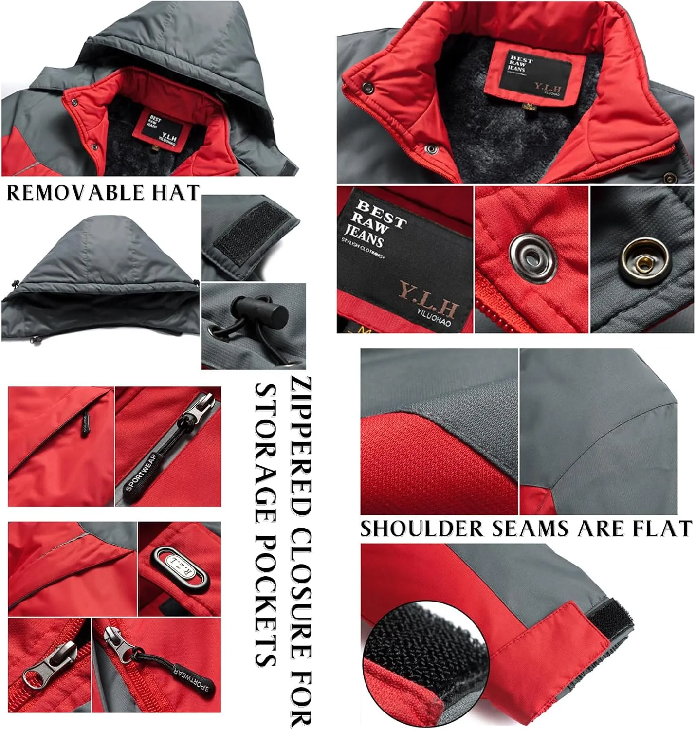 Men's Winter Coats Waterproof Ski Jacket Detachable Hood Windproof Fleece Jacket Parka Raincoats With Multi-Pockets
