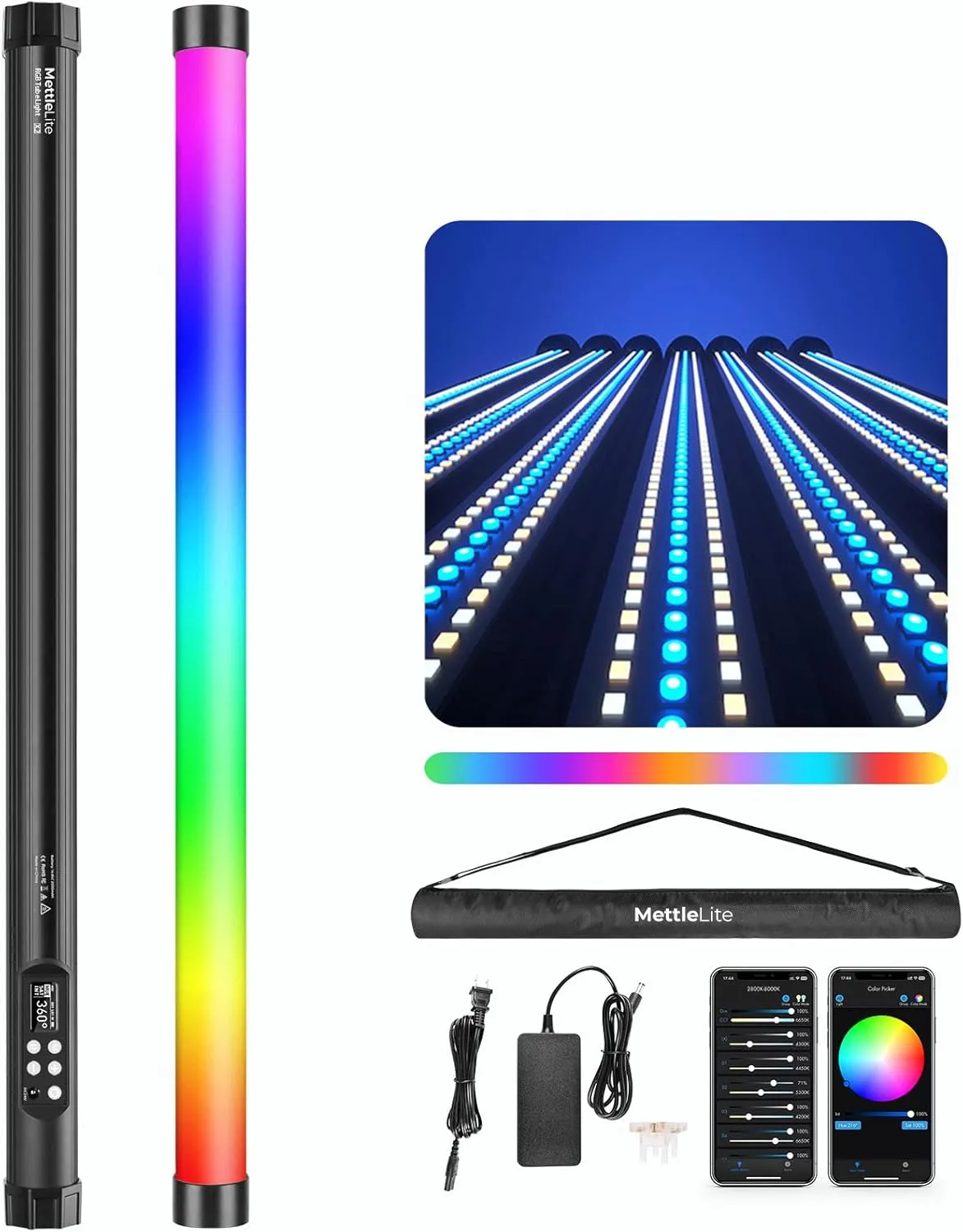 Mettlelite TLX2 RGB Tube Light LED Full Color Portable Video Light with APP DMX Control 2 ft 2800K-8000K CRI96 TLCI97 360° RGB CCT HSI Mode 10 Customizable Light Effects Built in Rechargeable Battery
